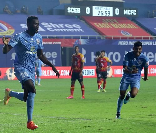 Mumbai City FC's Mourtada Fall (L) celebrates his goal against SC East Bengal in the last edition (Image Courtesy: ISL)