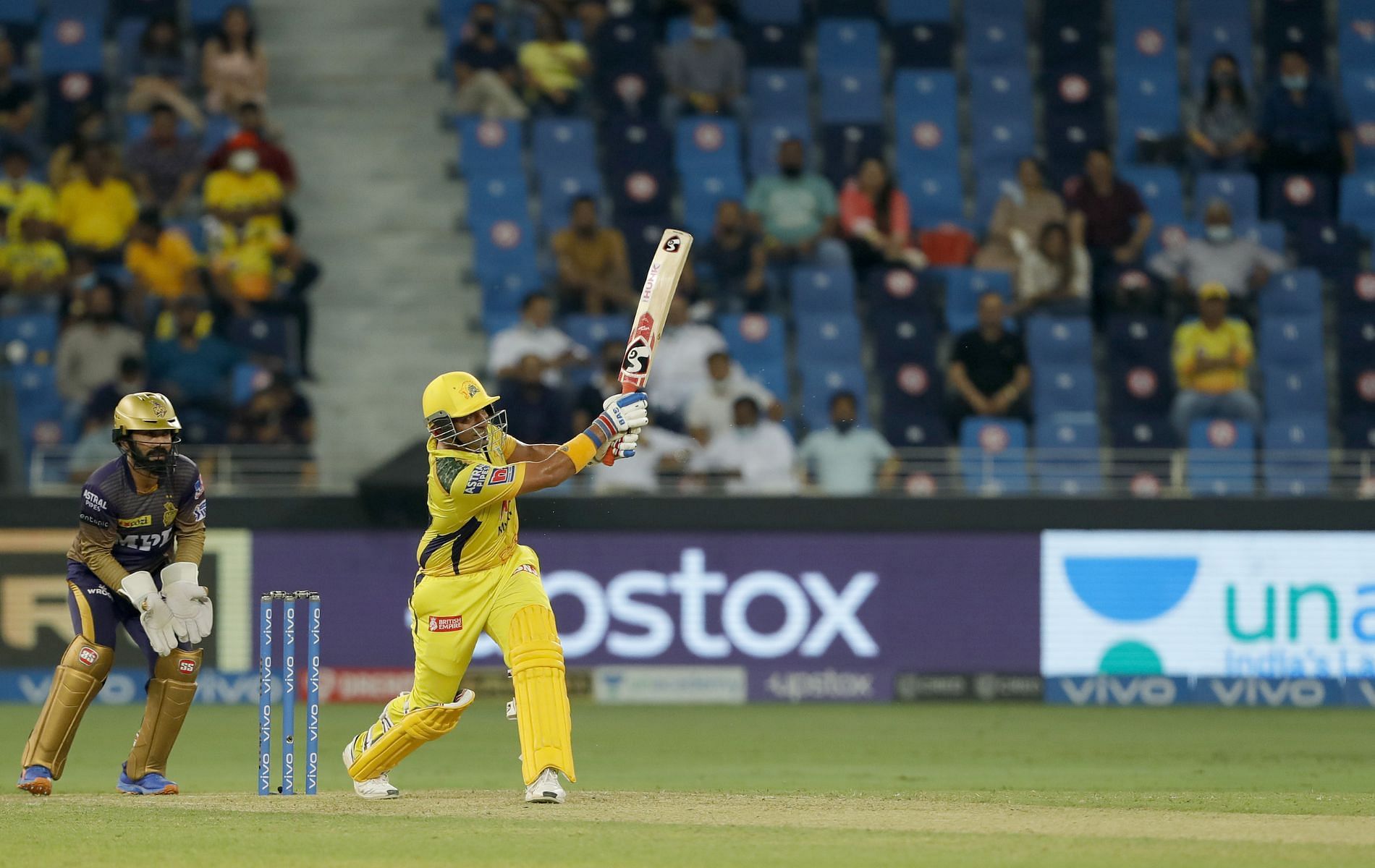 Robin Uthappa plays a shot during the IPL 2021 final against Kolkata Knight Riders.