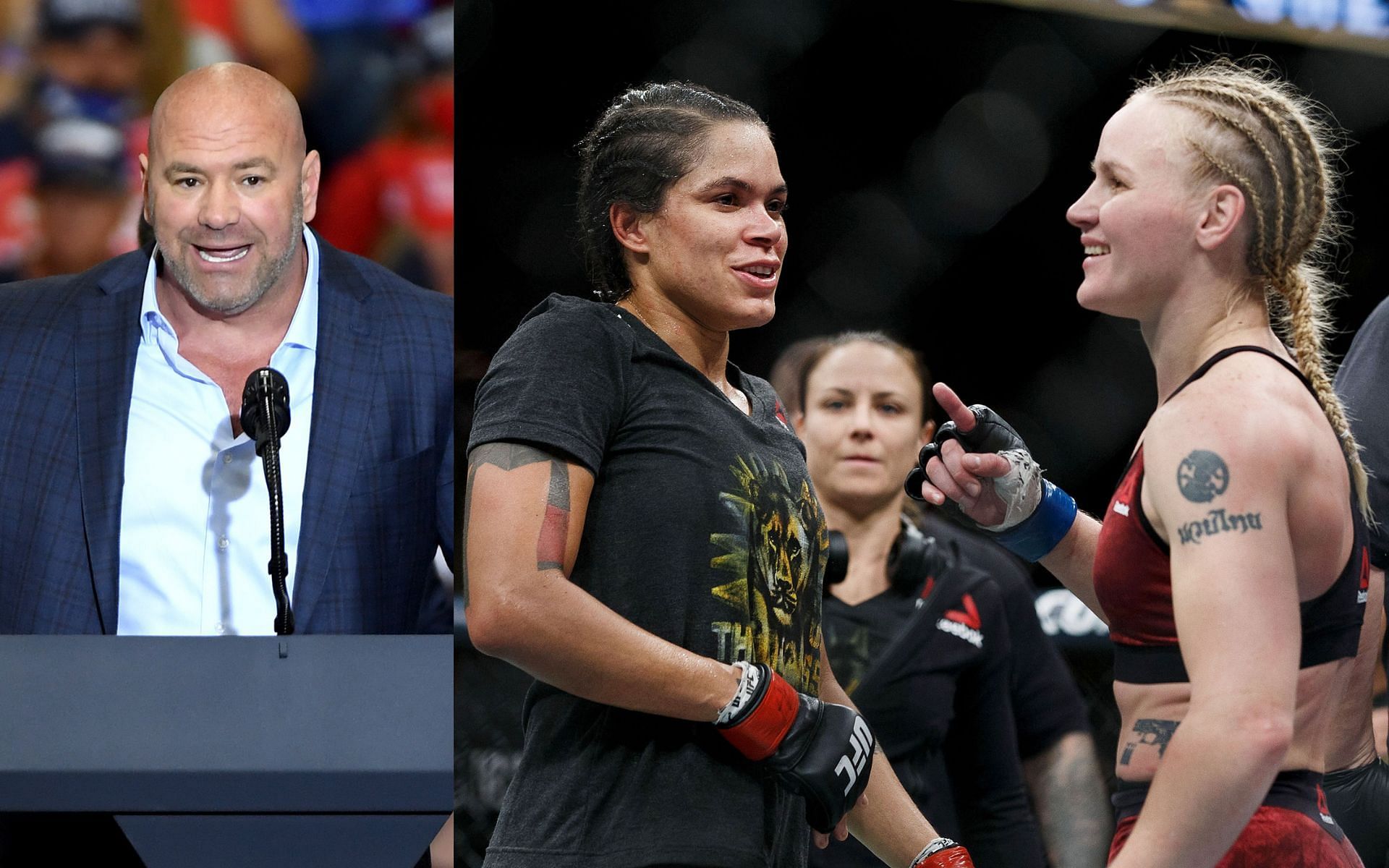 Dana White (left) and action from the UFC 215 women&#039;s bantamweight rematch between Amanda Nunes and Valentina Shevchenko (right)