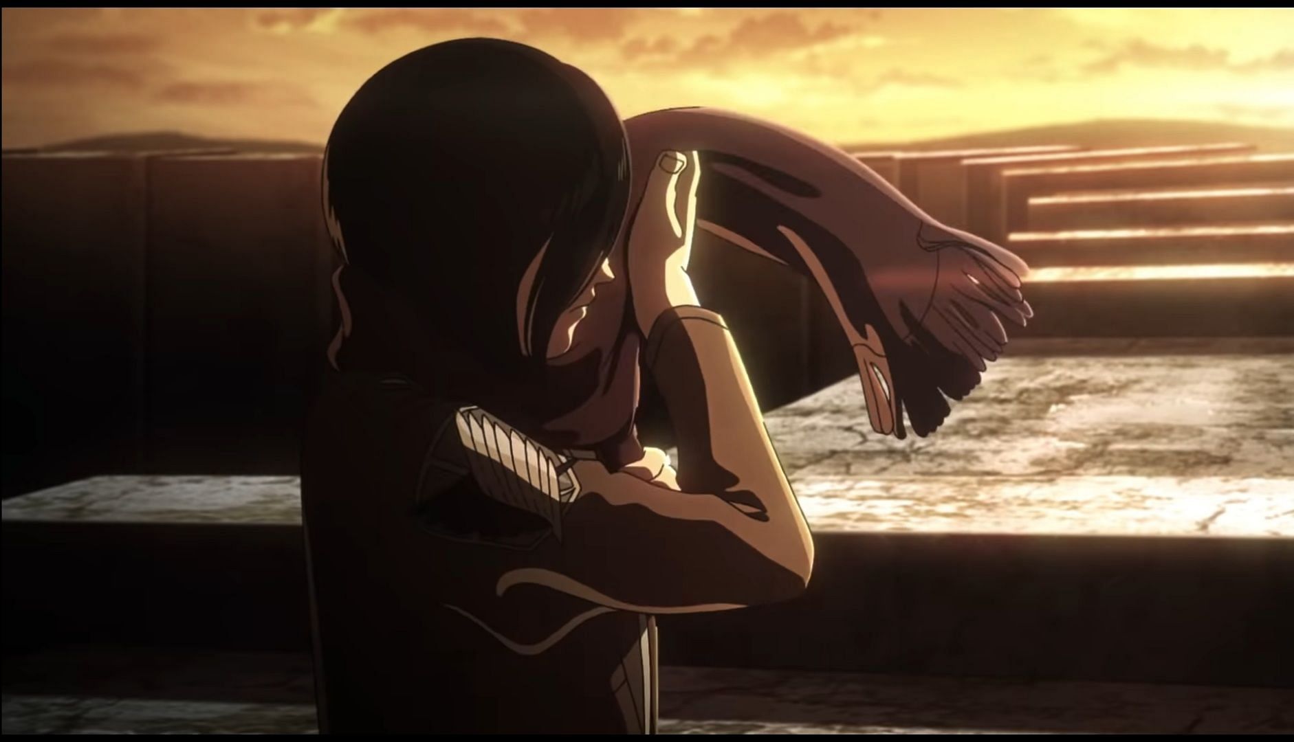 Mikasa&#039;s red scarf takes center stage in the opening (Image via MAPPA)