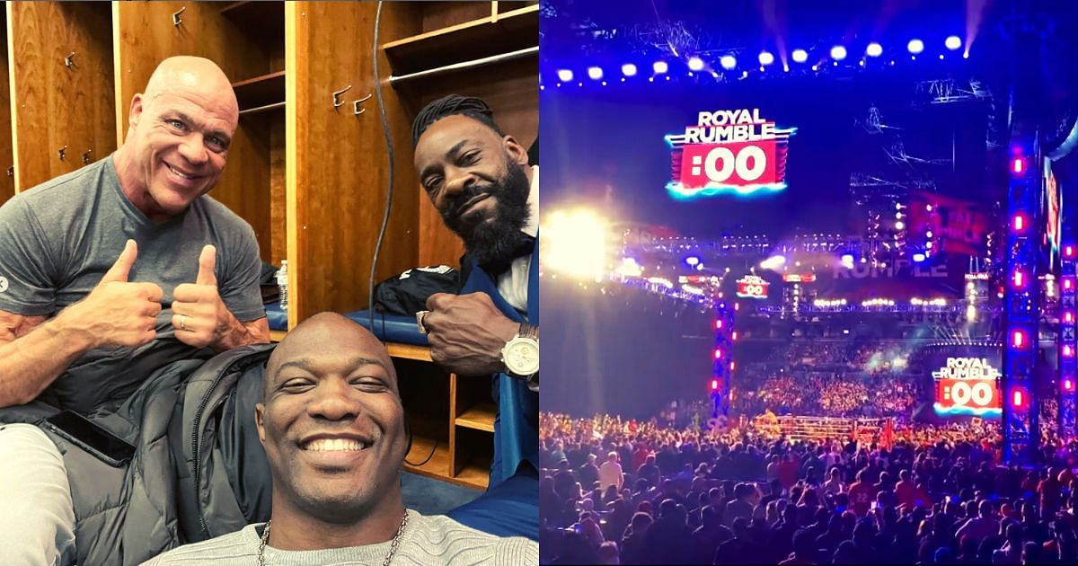 Kurt Angle with Shelton Benjamin and Booker T backstage at Royal Rumble 2022.