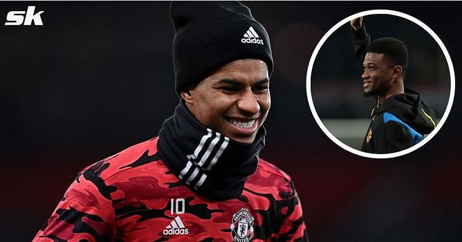 Marcus Rashford reacts as Manchester United loanee Amad Diallo scores with first touch on Rangers debut