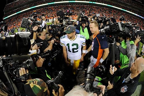 Quarterbacks Aaron Rodgers and Peyton Manning