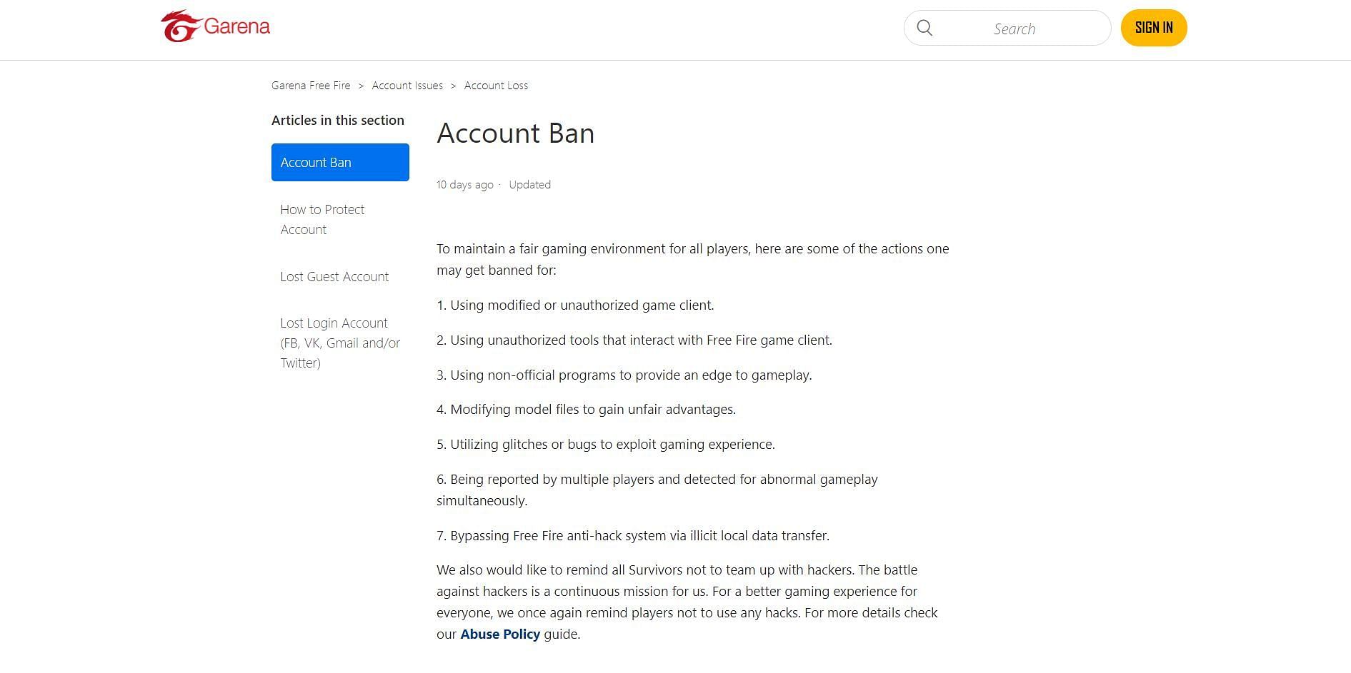 Reasons for getting banned in the game (Image via ffsupport.garena)