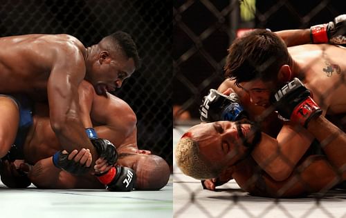 Francis Ngannou vs. Ciryl Gane (left) & Brandon Moreno vs Deiveson Figueiredo (right)