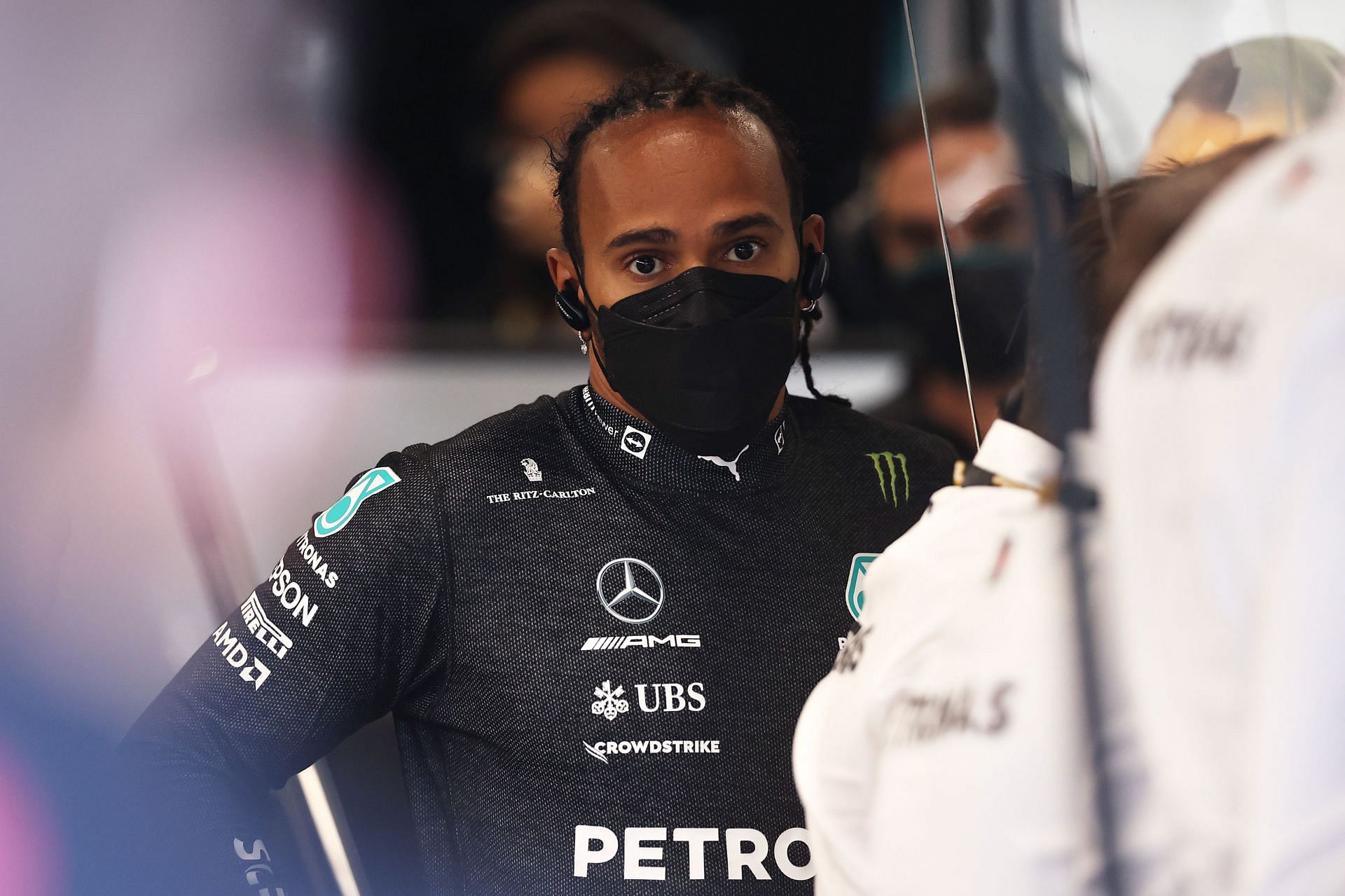 Lewis Hamilton at Mercedes garage ahead of the 2021 Brazilian Grand Prix