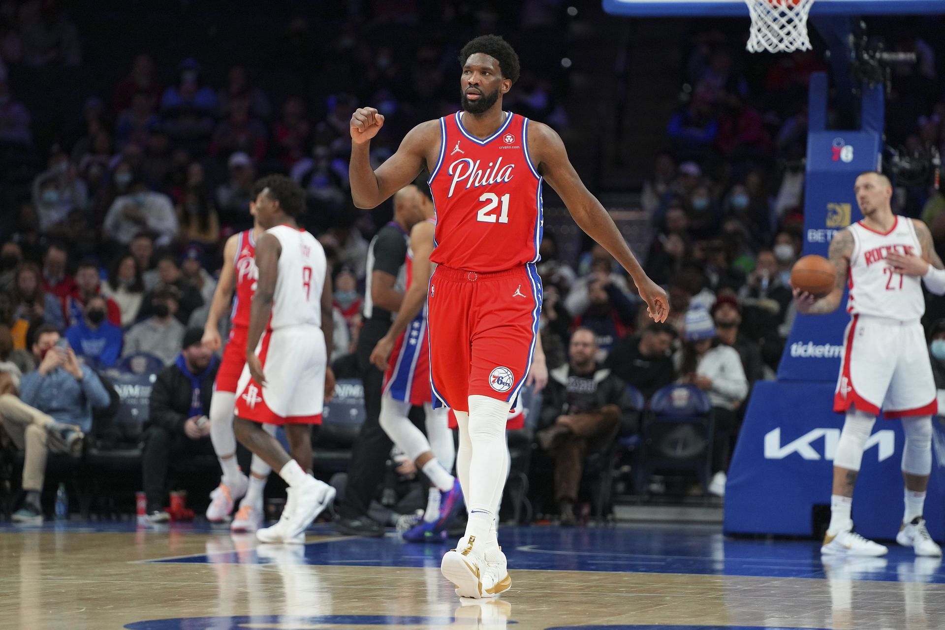 Joel Embiid celebrates a play for the Philadelphia 76ers