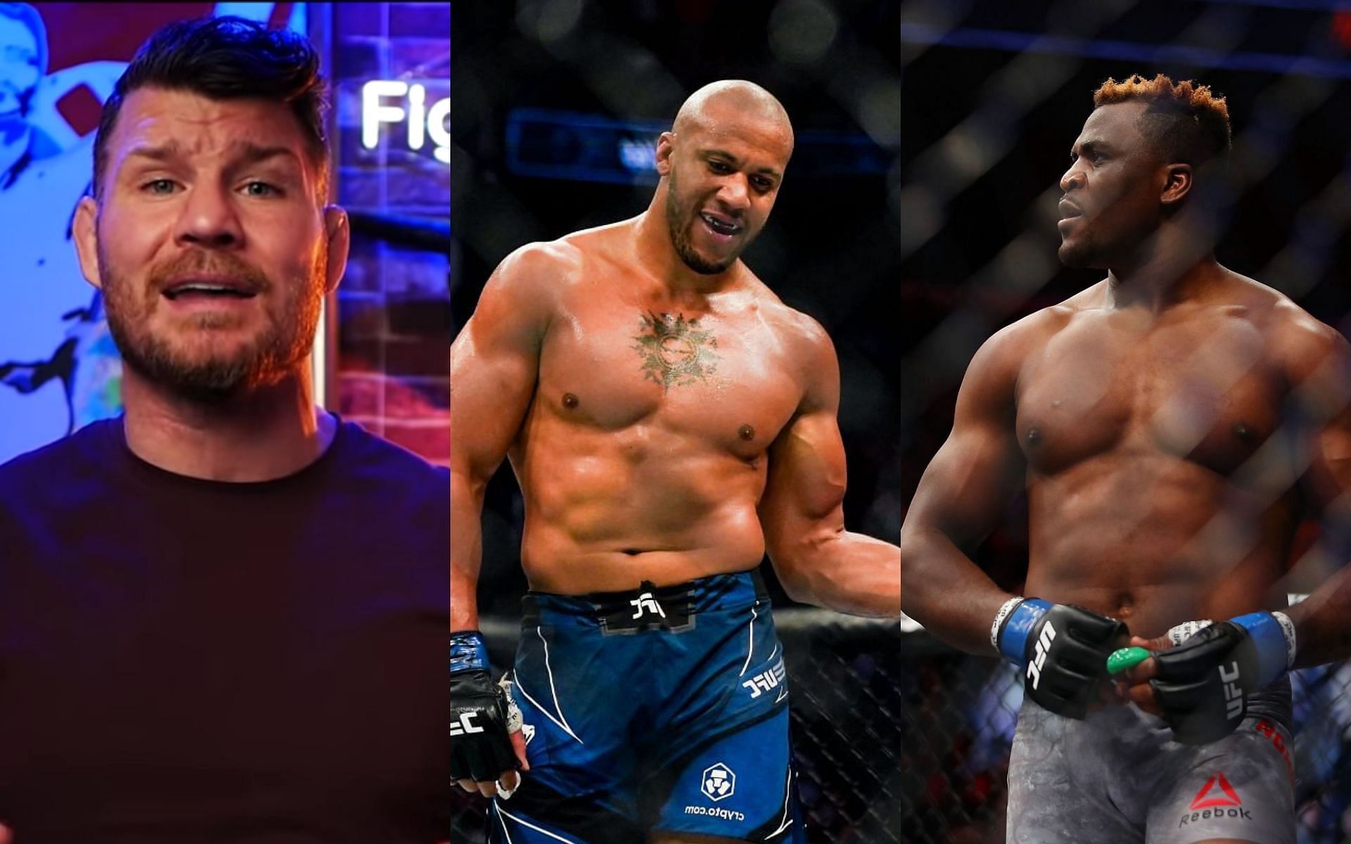 Michael Bisping (left) via. Youtube/Michael Bisping; Ciryl Gane (centre); Francis Ngannou (right)