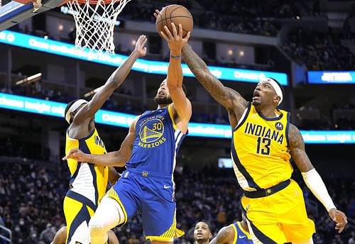 Steph Curry in action during Indiana Pacers v Golden State Warriors