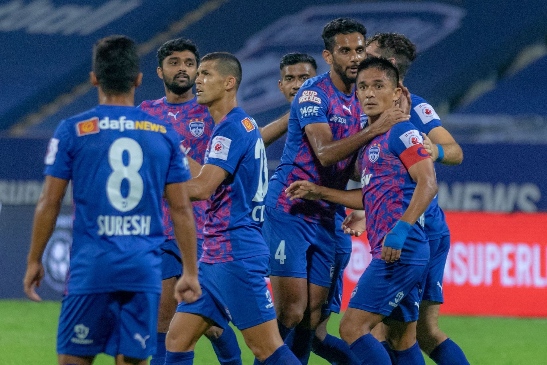 Bengaluru FC players celebrate Sunil Chhetri&#039;s goal against FC Goa (Image Courtesy: ISL)