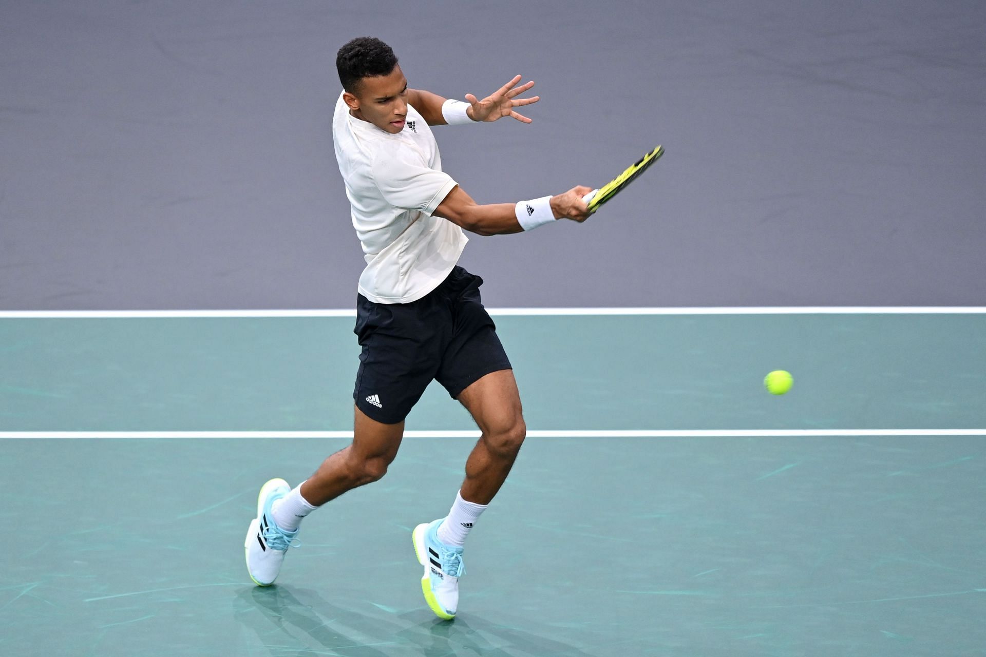 Felix Auger-Aliassime in action durint the Rolex Paris Masters - Day Two