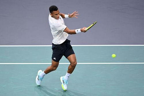 Felix Auger-Aliassime in action durint the Rolex Paris Masters - Day Two