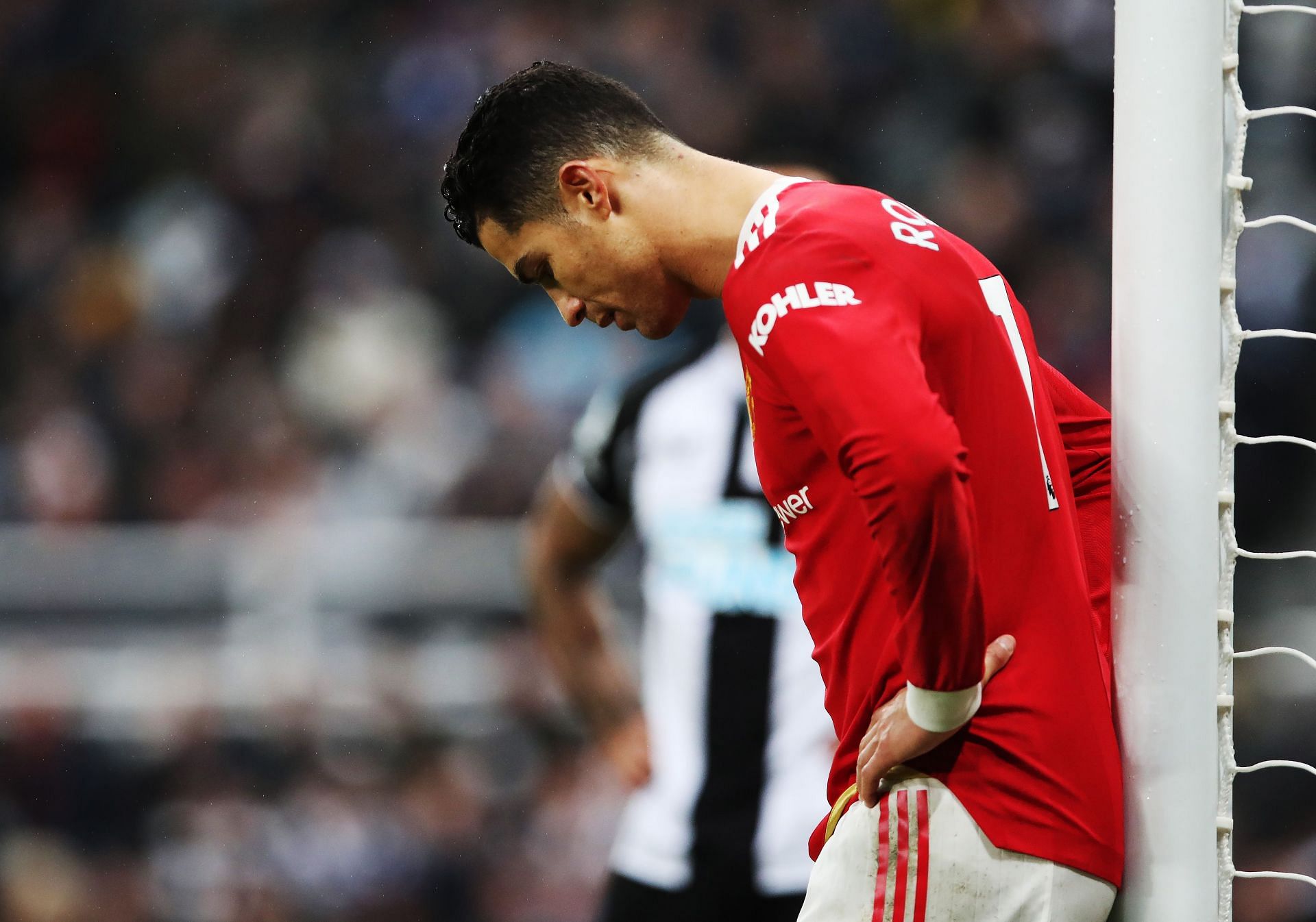 Manchester United&#039;s Cristiano Ronaldo looks on in a pensive mood
