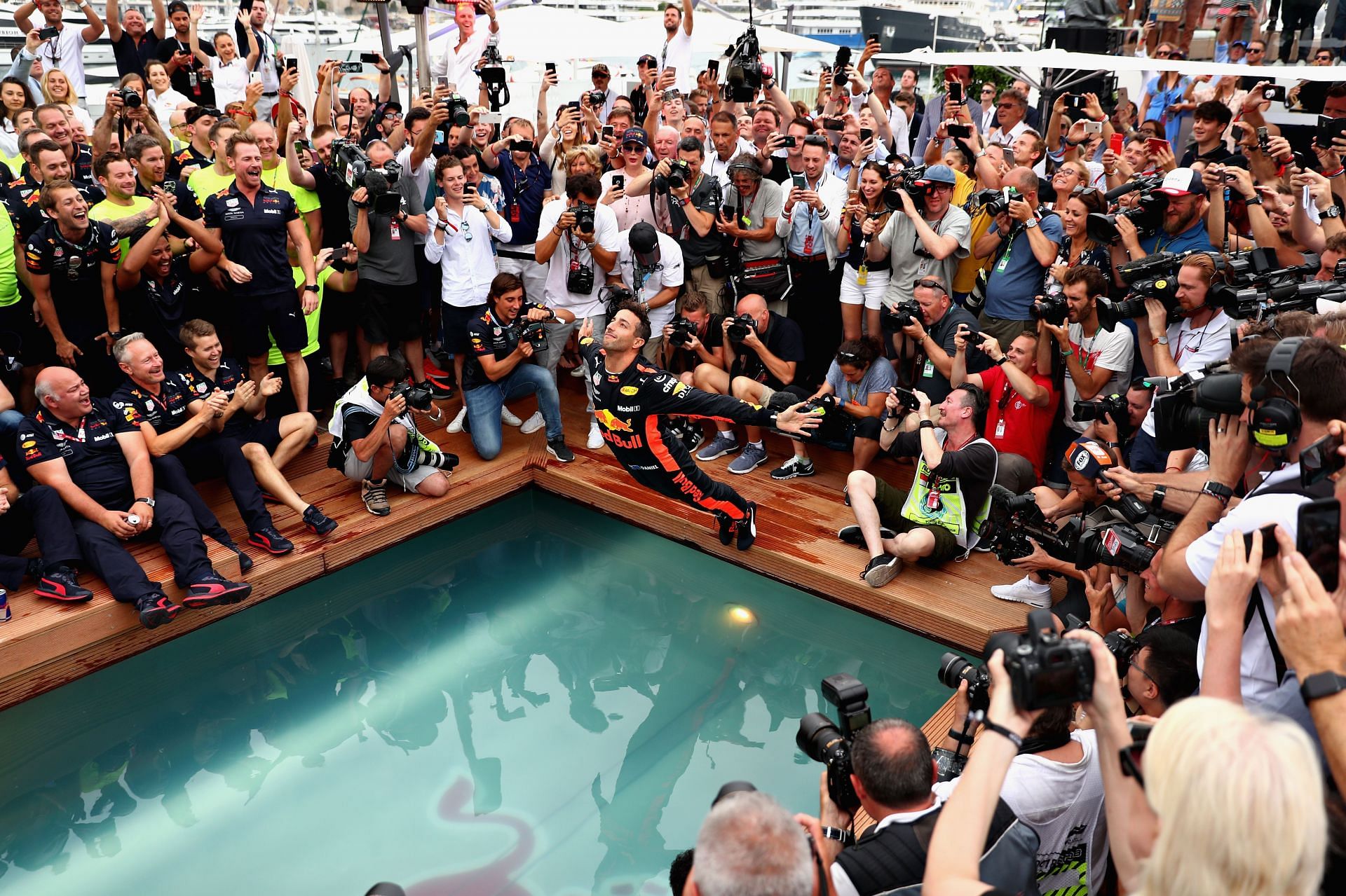 F1 Grand Prix of Monaco - Daniel Ricciardo celebrates with team.