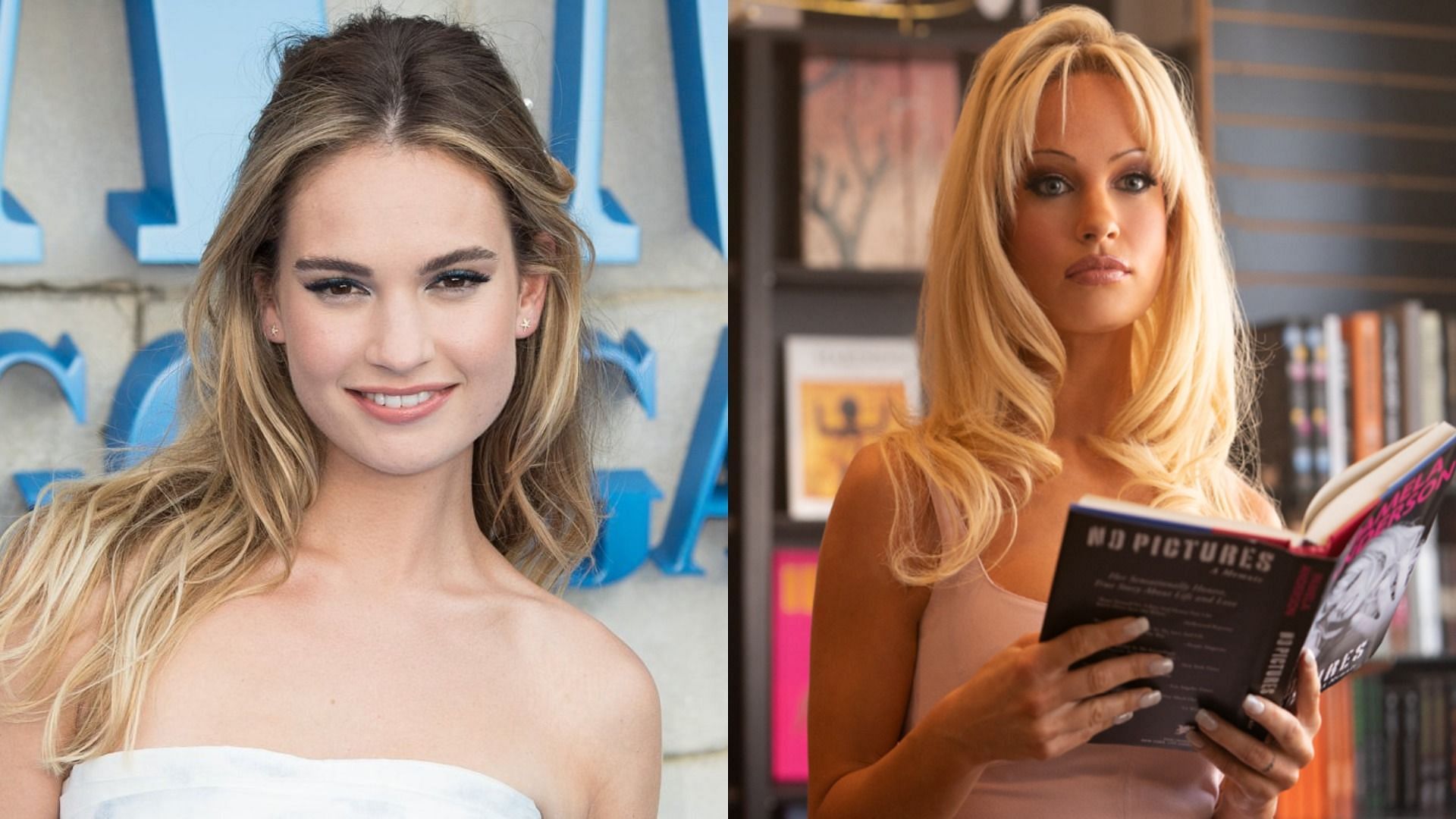 Lily James as Pamela Anderson (Images via Getty and Hulu)