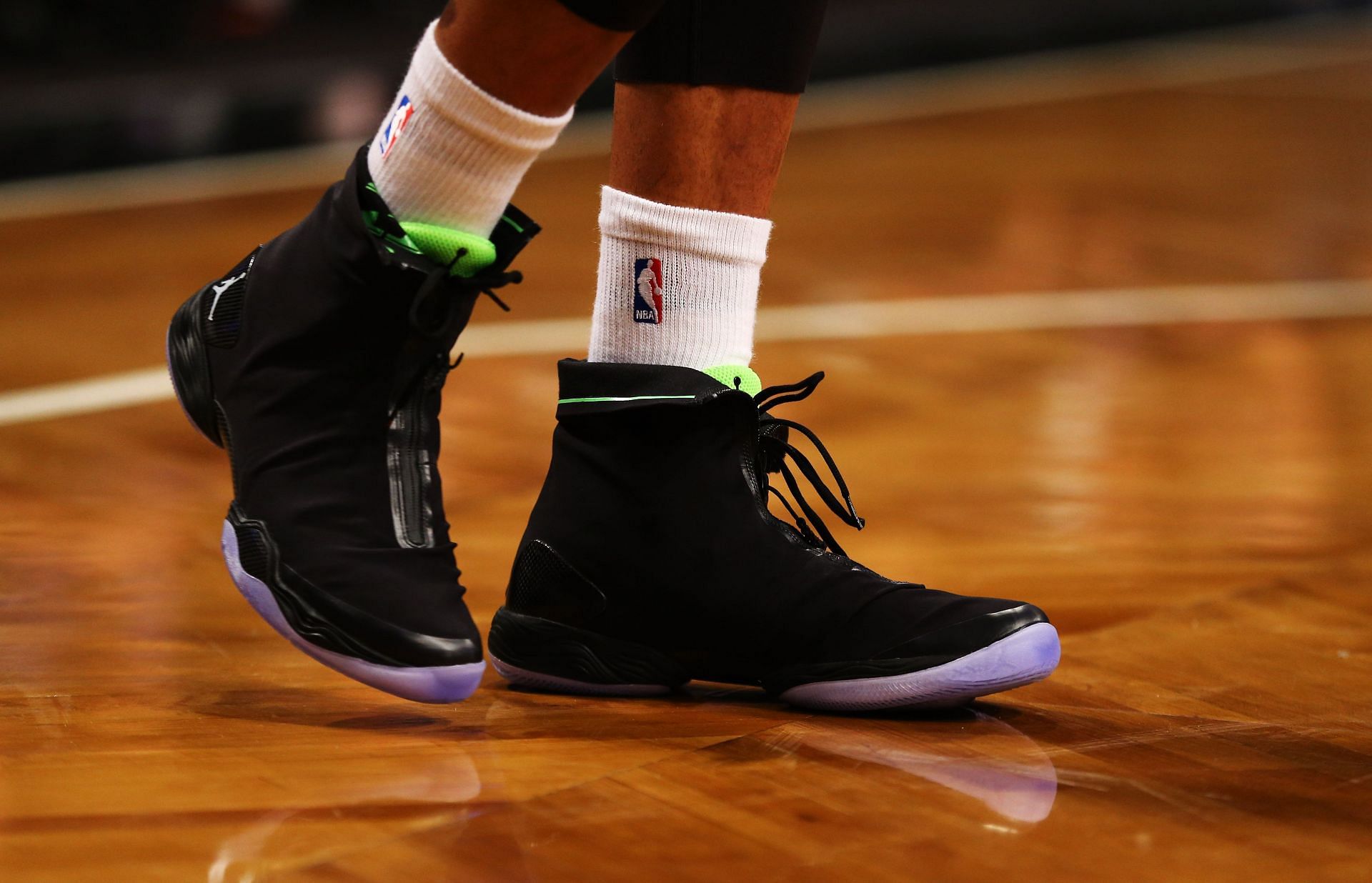 Russell Westbrook of the OKC Thunder wears the new Air Jordan XX8 sneakers during a game against the Brooklyn Nets on Dec. 4 in the Brooklyn borough of New York City.
