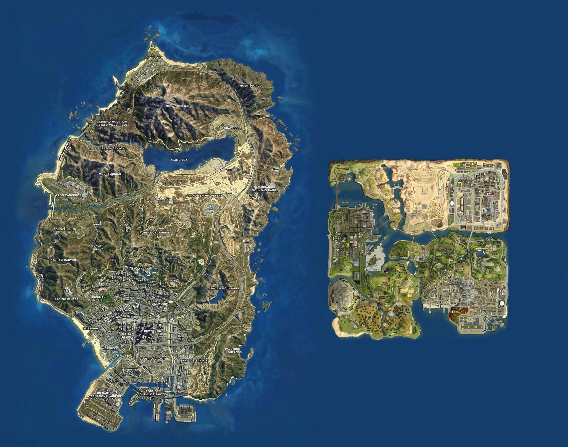 An example of how different two maps can look like in two separate games of two separate GTA universes (Image via u/ameromatt)