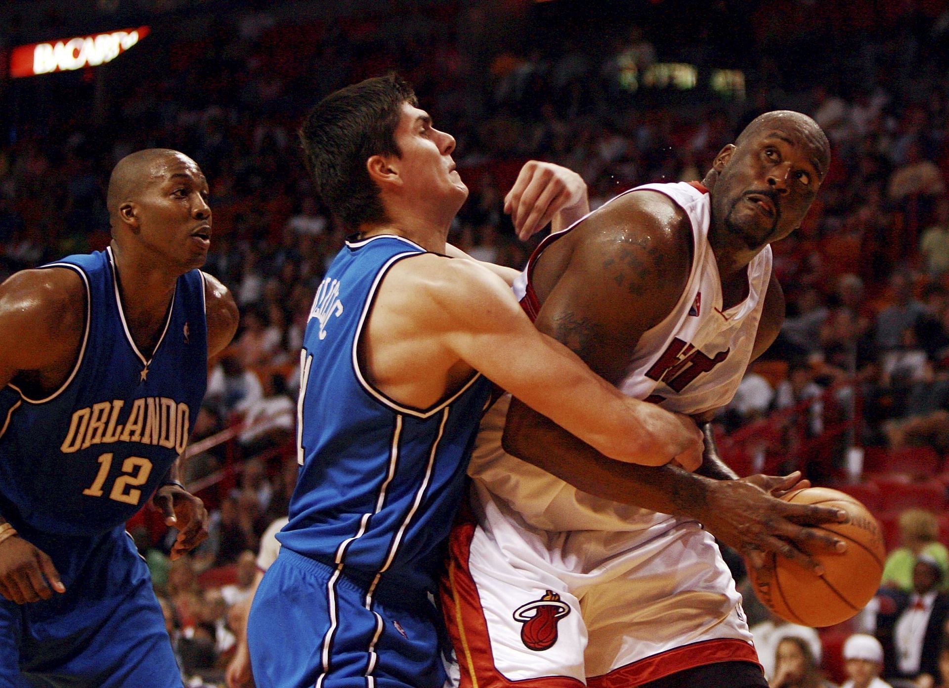 Shaquille O'Neal going to the basket while playing for the Miami Heat.