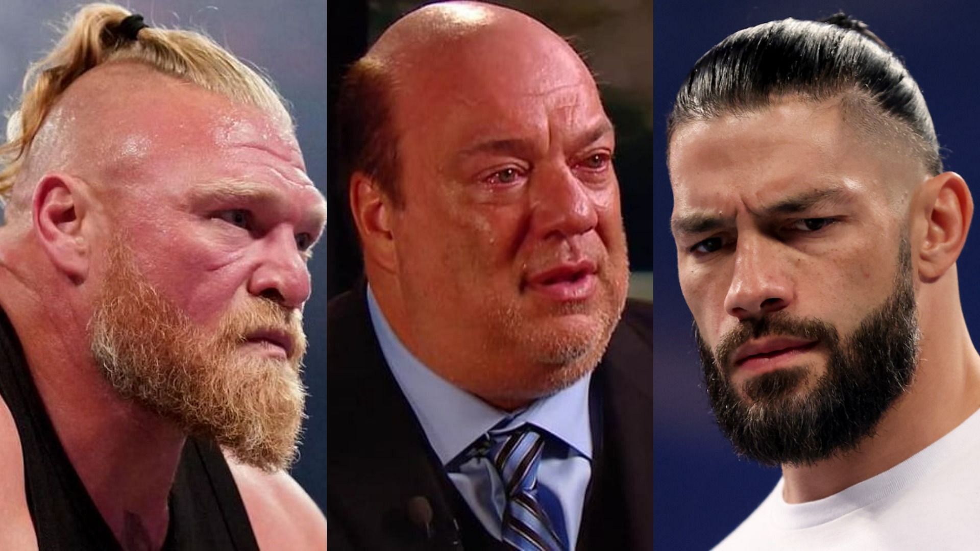 Brock Lesnar (left); Paul Heyman (middle); Roman Reigns (left)