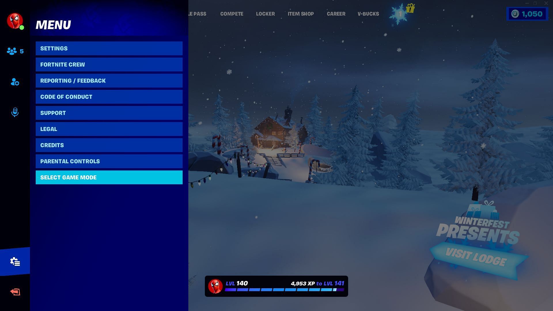 Select Game Mode to Glitch out presents in Winterfest Lodge (Image via Sportskeeda)