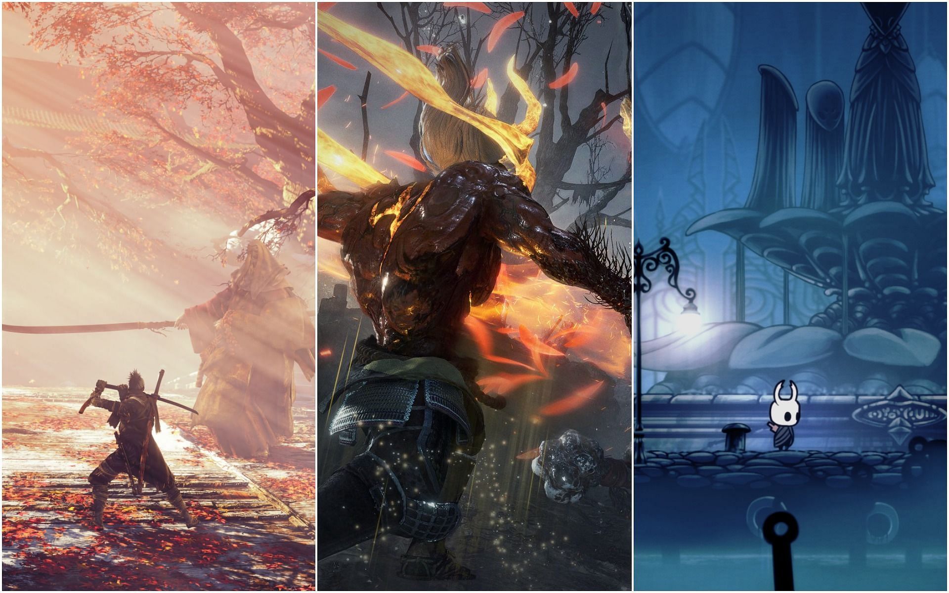 Five Soulslike games that every players should play before 2022 (Image via Sekiro: Shadows Die Twice, Nioh 2 and Hollow Knight)