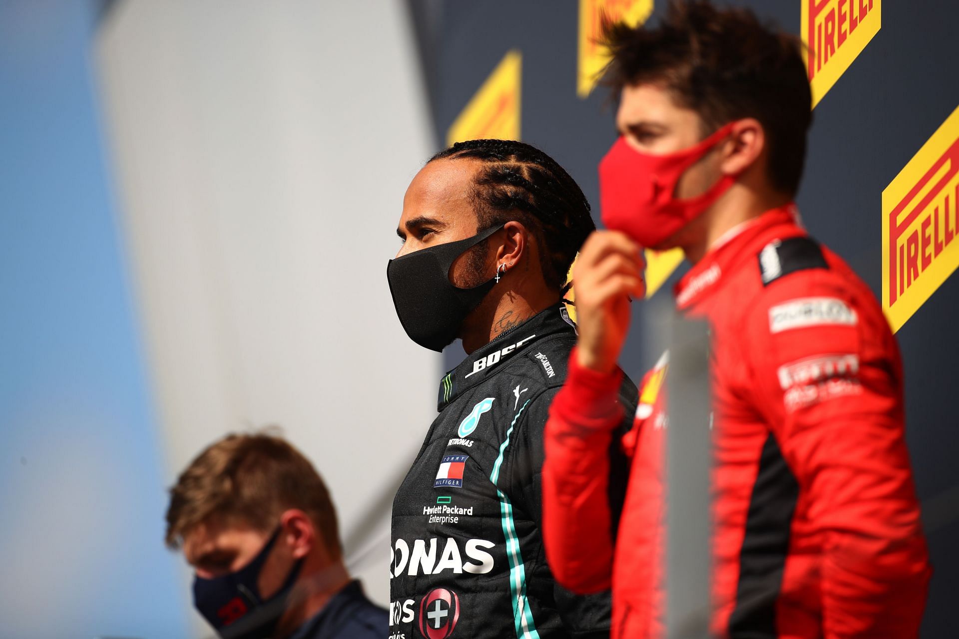 F1 Grand Prix of Great Britain - Lewis Hamilton (center) shares the podium with Max Verstappen (left) and Charles Leclerc (right)
