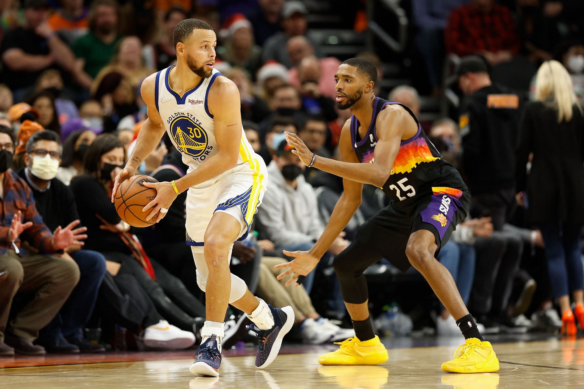 Mikal Bridges attempts to guard Steph Curry