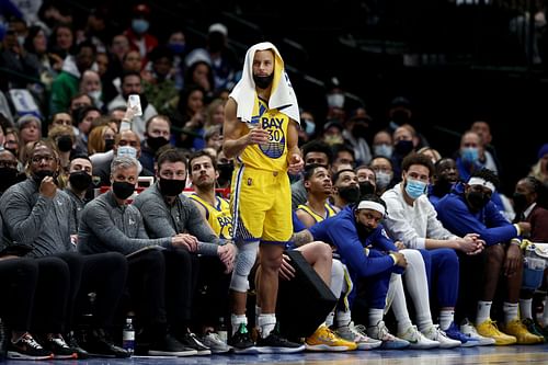 Golden State Warriors All-Star Stephen Curry by the bench