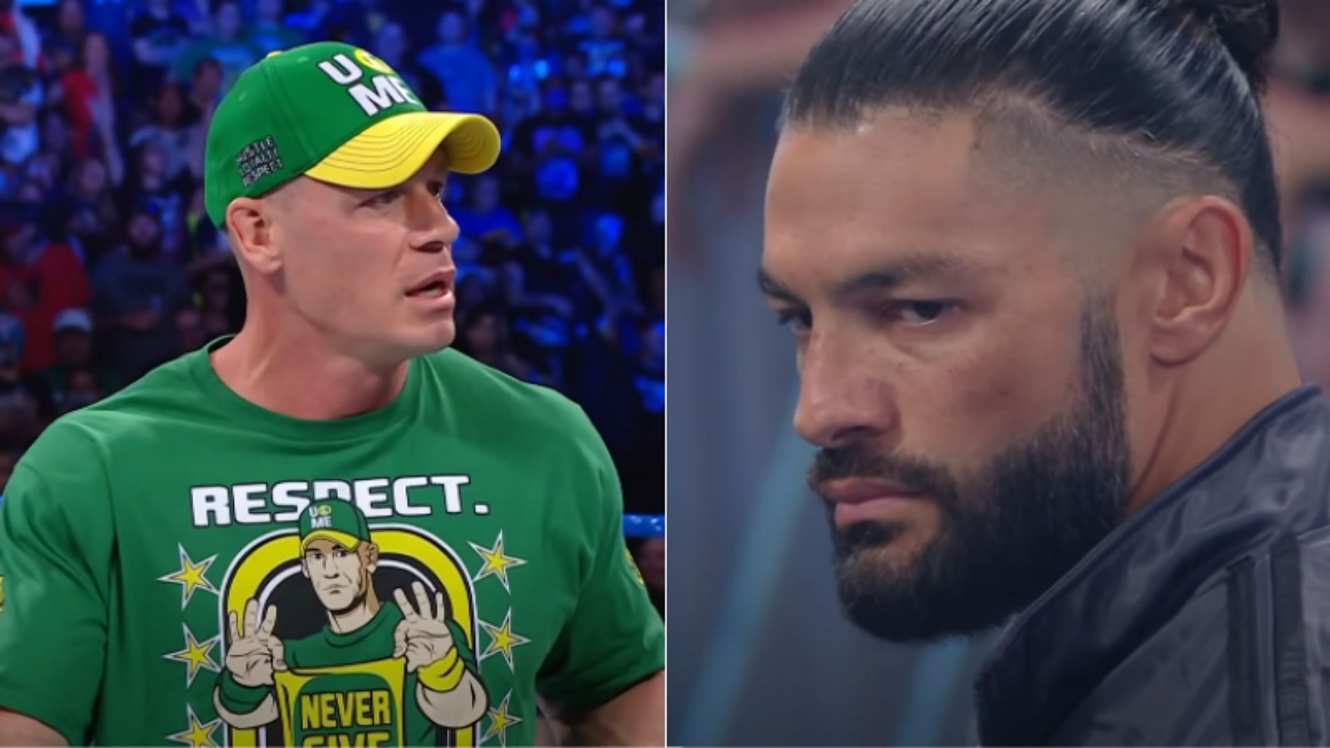 John Cena (left); Roman Reigns (right)