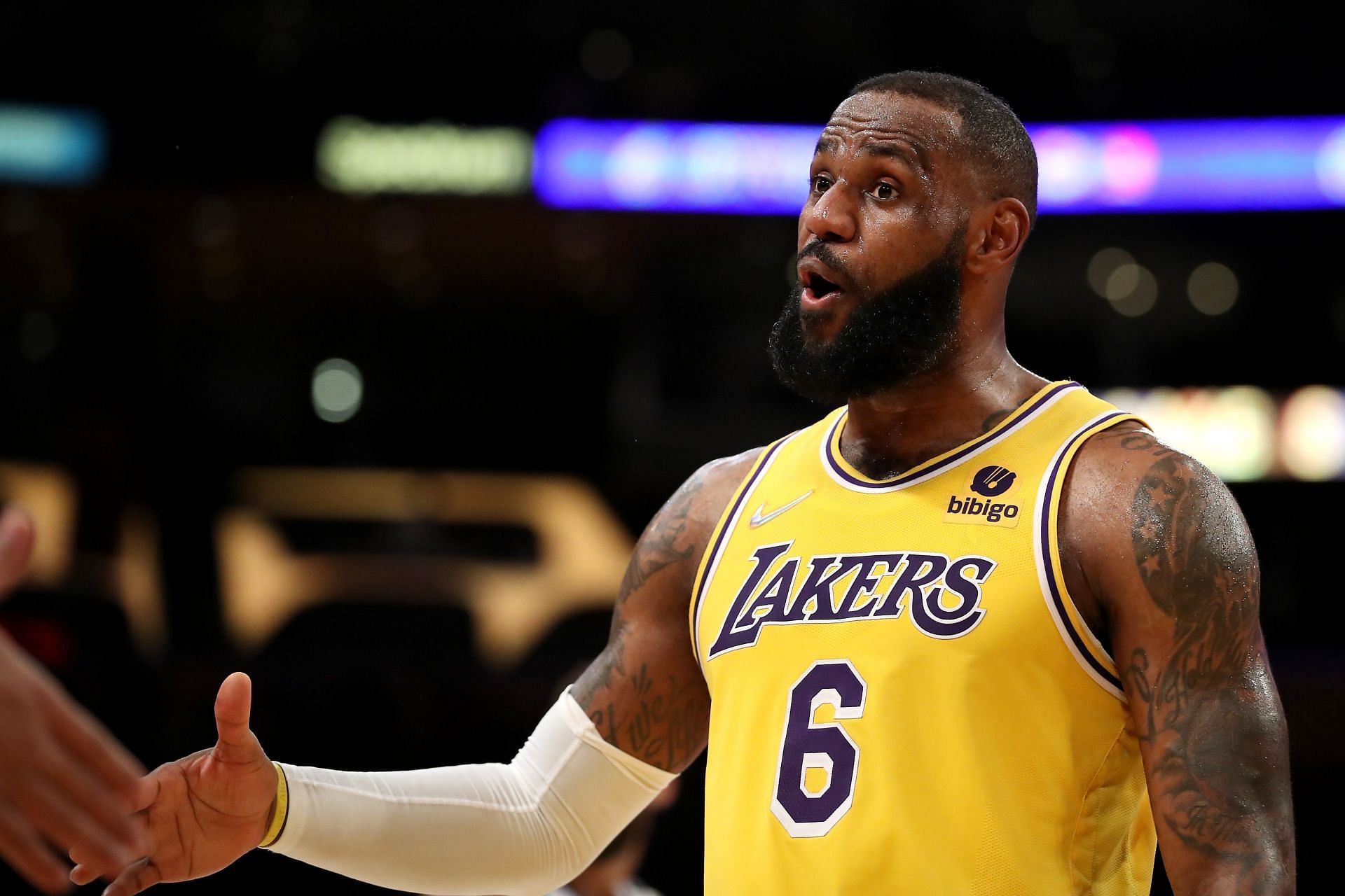 LeBron James of the LA Lakers reacts after scoring a basket