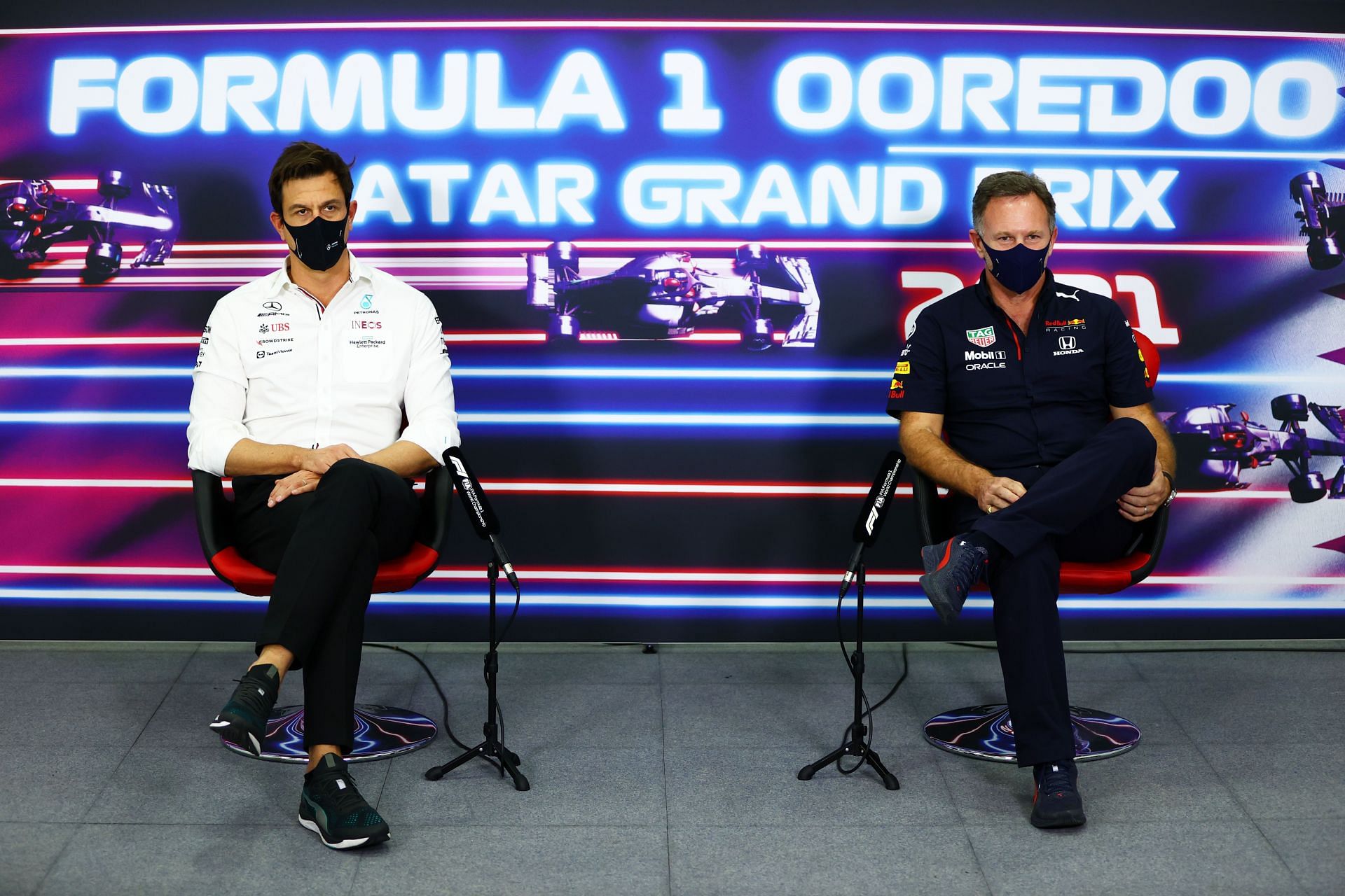 Toto Wolff and Christian Horner talk in the Team Principals Press Conference in Doha, Qatar. (Photo by Dan Istitene/Getty Images)