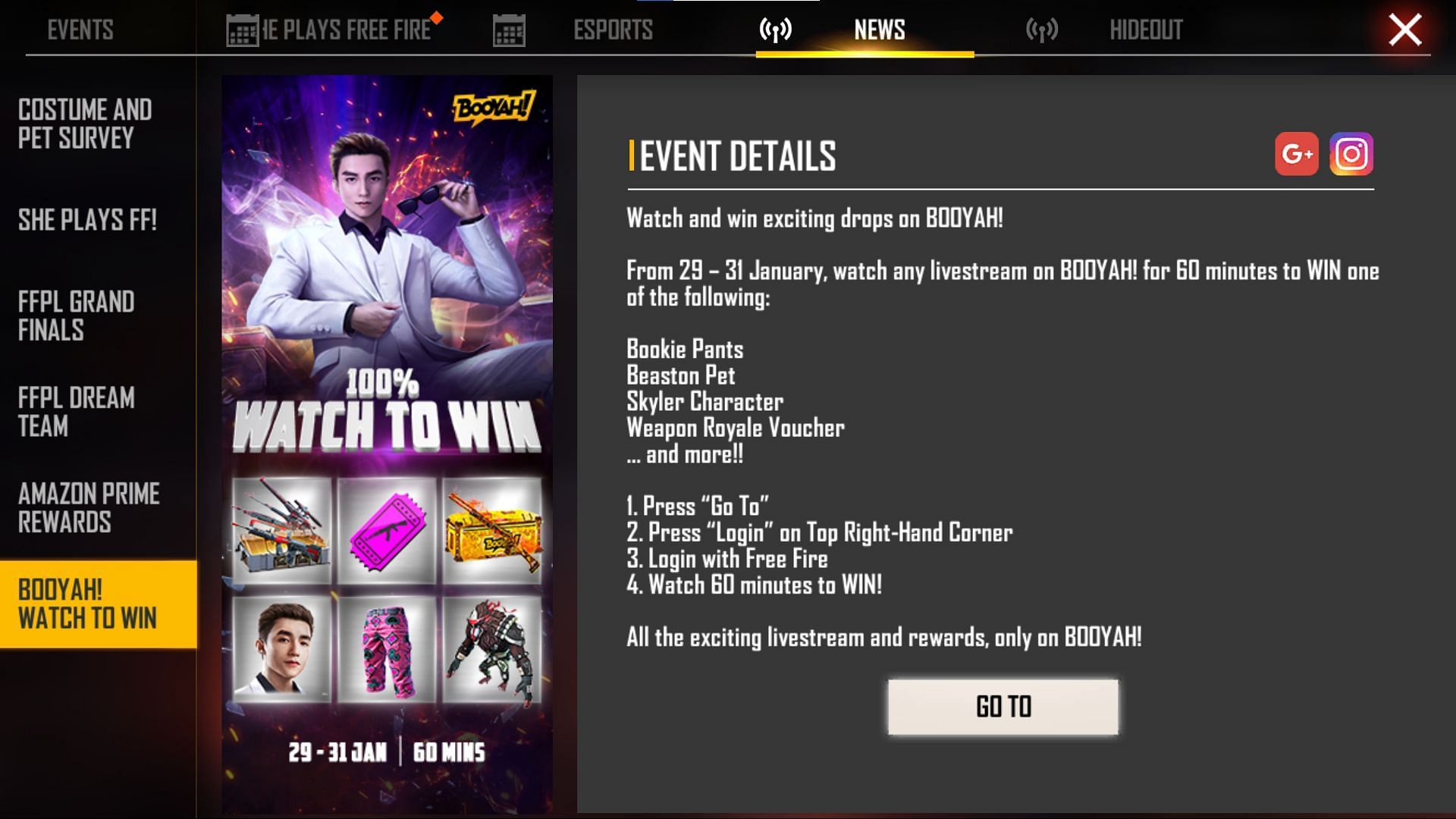 Users will need to watch the live streams for 60 minutes (Image via Garena)