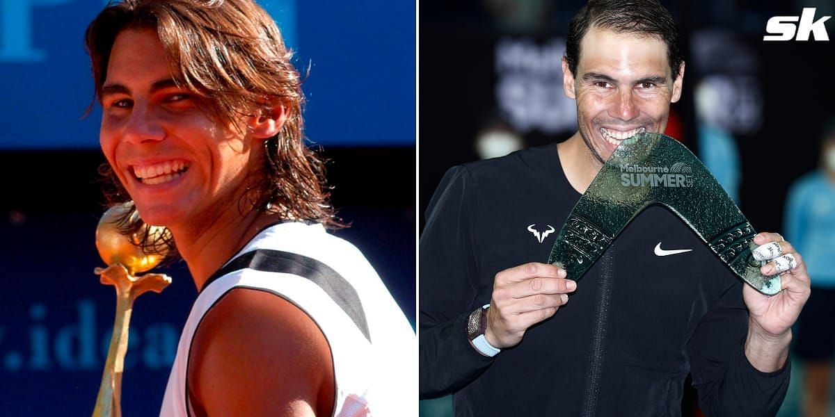 (L) Rafael Nadal with his first career title in 2004, (R) Nadal with his 89th tour title in 2022