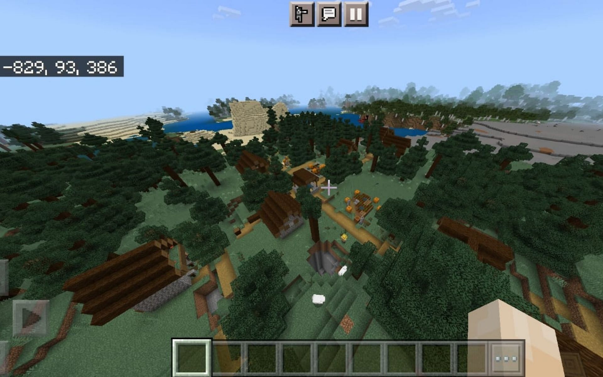 Spruce village with Stronghold enetrance and Ruined Portal nearby (Image via Minecraft)