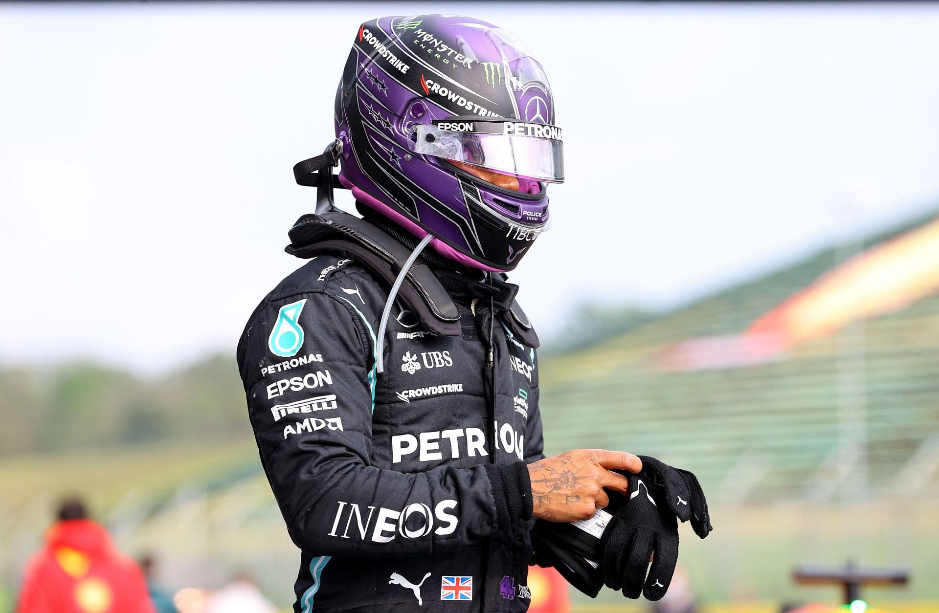 Lewis Hamilton after finishing the Emilia Romagna Grand Prix in P2 (Photo by Bryn Lennon/Getty Images)