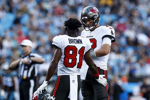 Tom Brady and Antonio Brown of Tampa Bay Buccaneers v Carolina Panthers