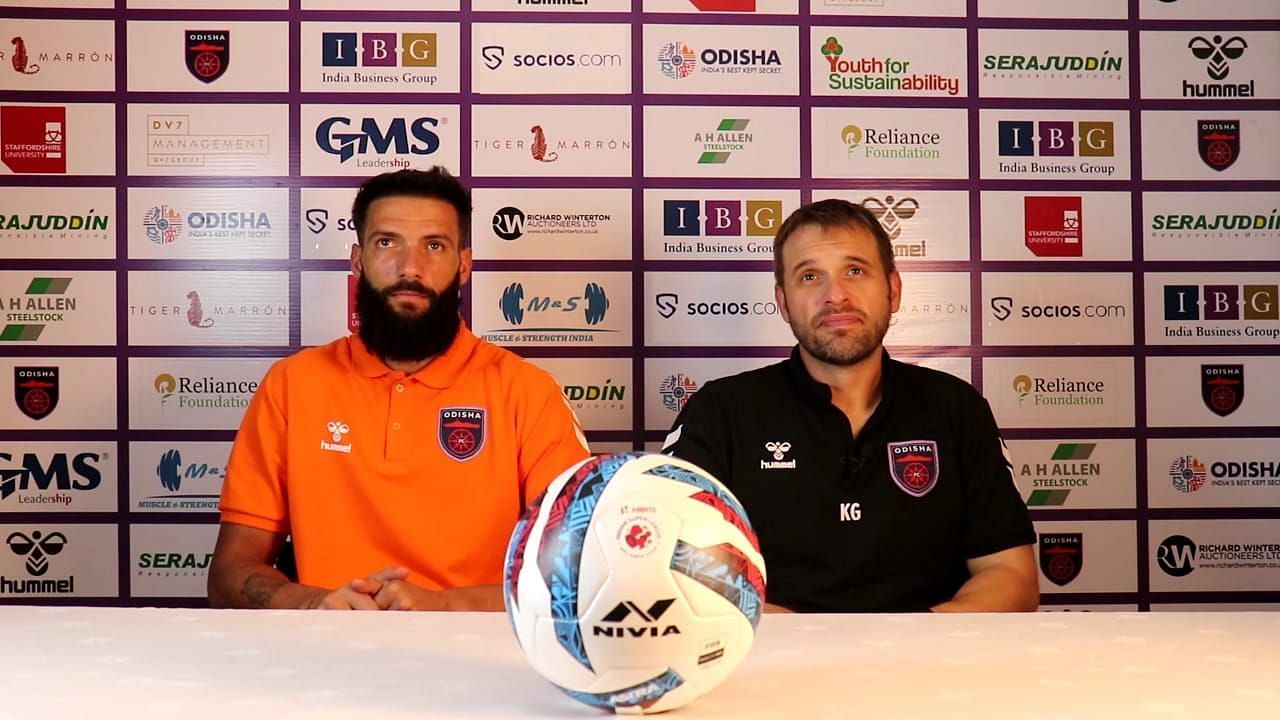 Odisha FC&#039;s Kino Sanchez and Liridon Krasniqi address the media. (Image Courtesy: ISL Media)