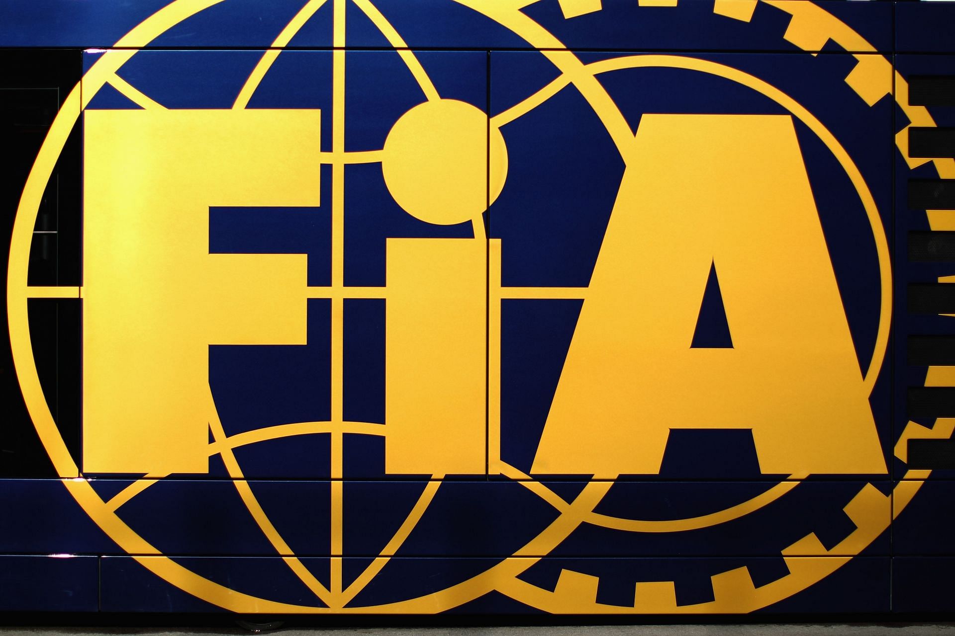 Detail of the FIA logo is seen in the paddock at the Istanbul Park circuit (Photo by Mark Thompson/Getty Images)