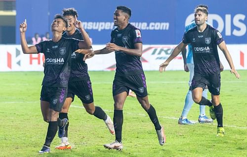 Odisha FC players celebrate during their clash against Mumbai City FC. [Credits: ISL]