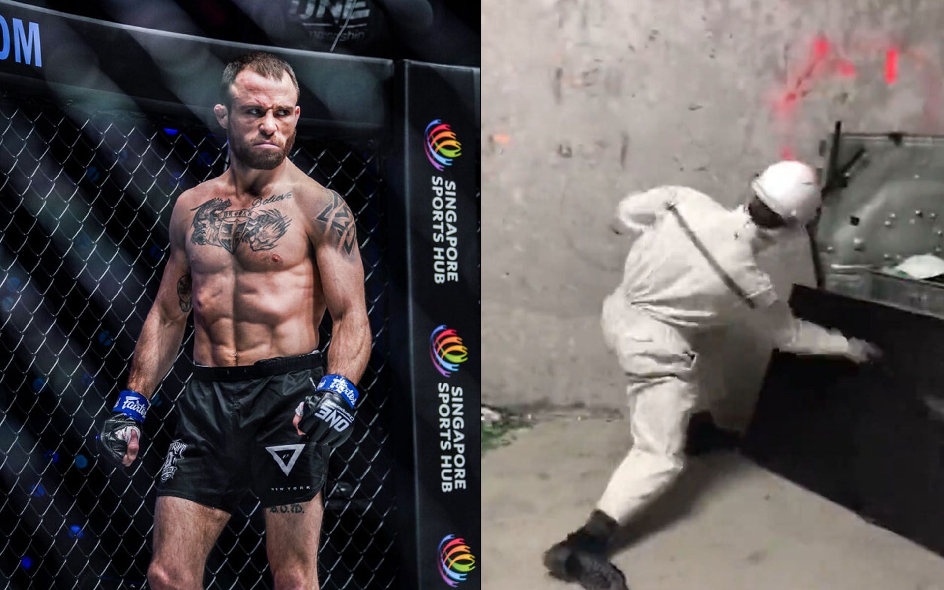 Jarred Brooks (Left) broke some stuff in The Fragment Room in Singapore (Right). | [Photos: ONE Championship/Brooks&#039; Instagram]