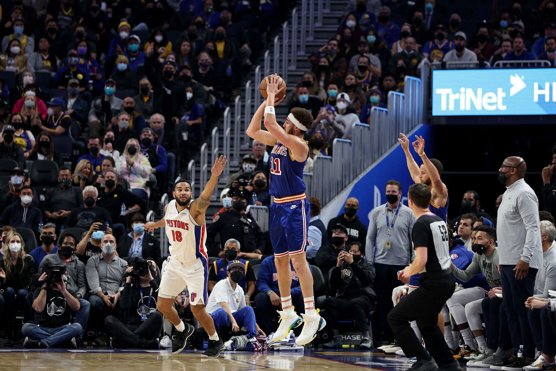 Klay Thompson attempts a three-pointer from the corner