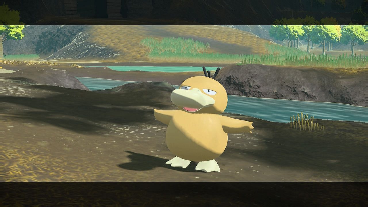 A T-posing Psyduck blocks the way (Image via Pokemon Legends: Arceus)