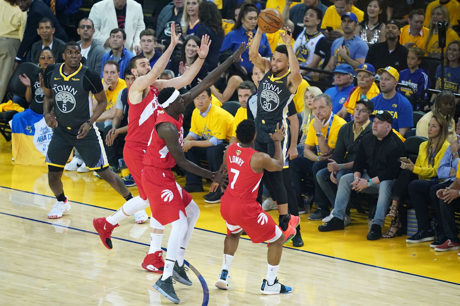 Steph Curry gets triple-teamed during the 2019 NBA Finals