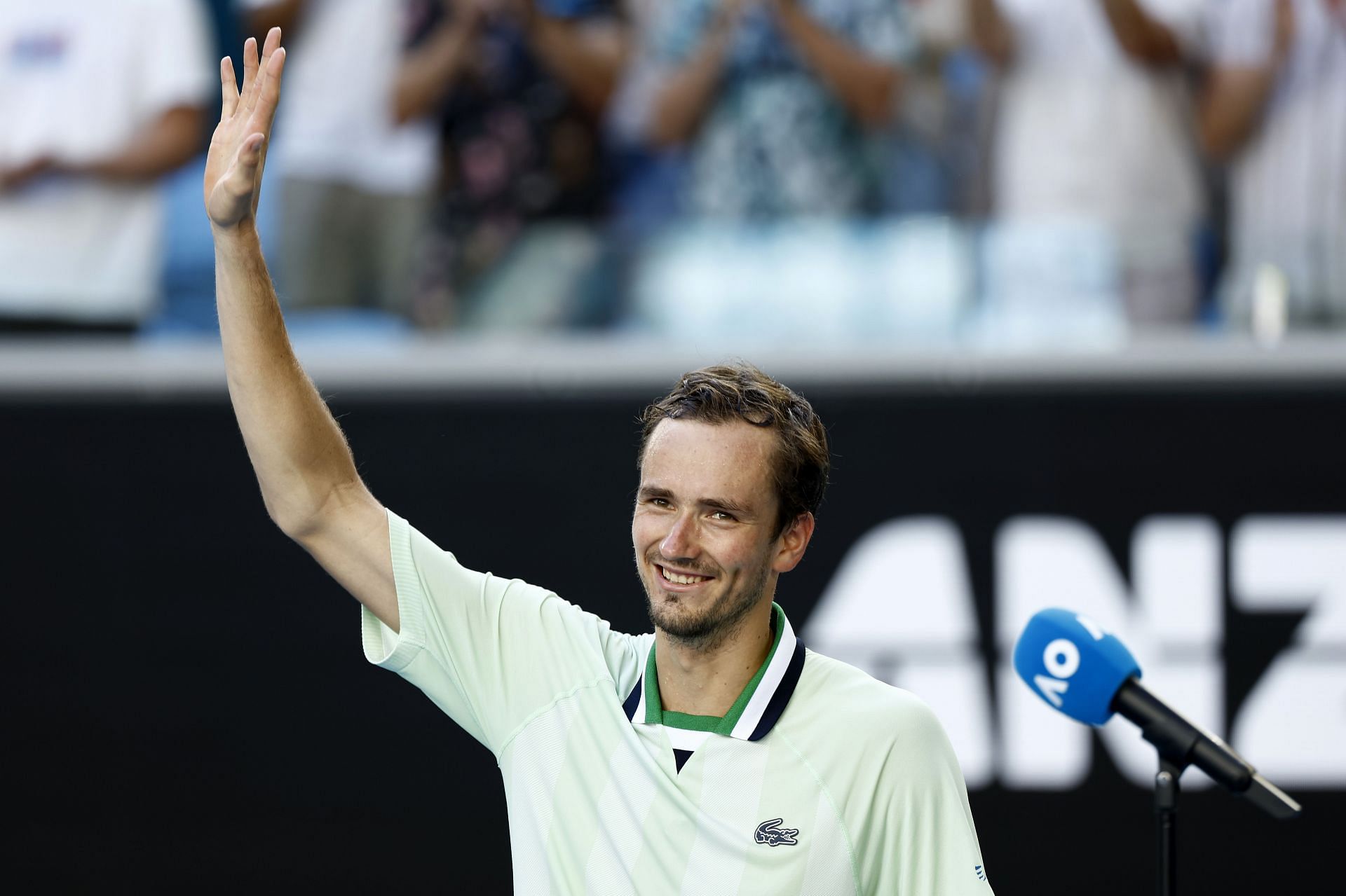 Daniil Medvedev waves to the crowd following his victory over Botic van de Zandschulp in the third roud of Australian Open 2022