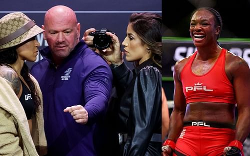 Amanda Nunes, Dana White & Julianna Pena (left), Claressa Shields (right) [Images via Getty: UFC 269 Press Conference & Claressa Shields v Brittney Elkin]