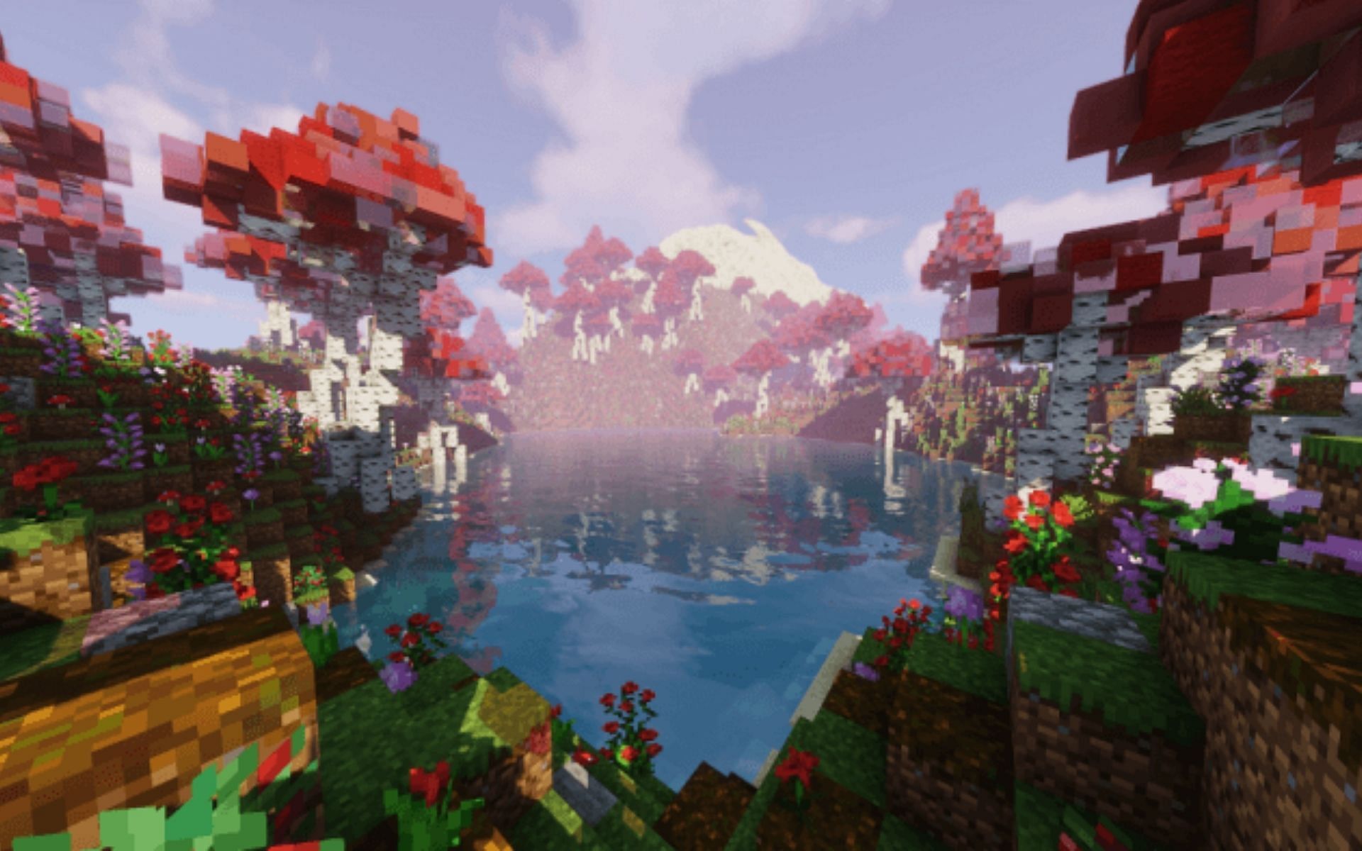A cherry Biome filled with color and vibrancy (Image via MCPE Addons)