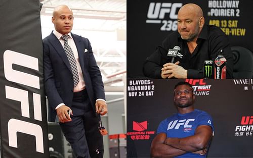 Ali Abdelaziz (left), Dana White (top), Francis Ngannou (bottom)