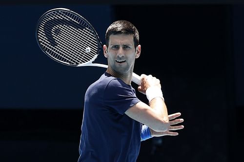 Novak Djokovic practices at the Rod Laver Arena in Melbourne