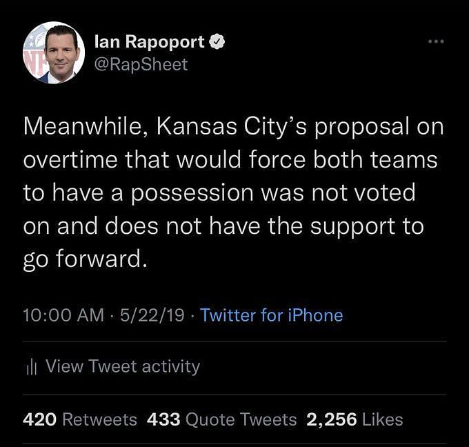 Chiefs tried to change overtime rules after their playoff loss to the  Patriots. Now those rules saved them. - Pats Pulpit