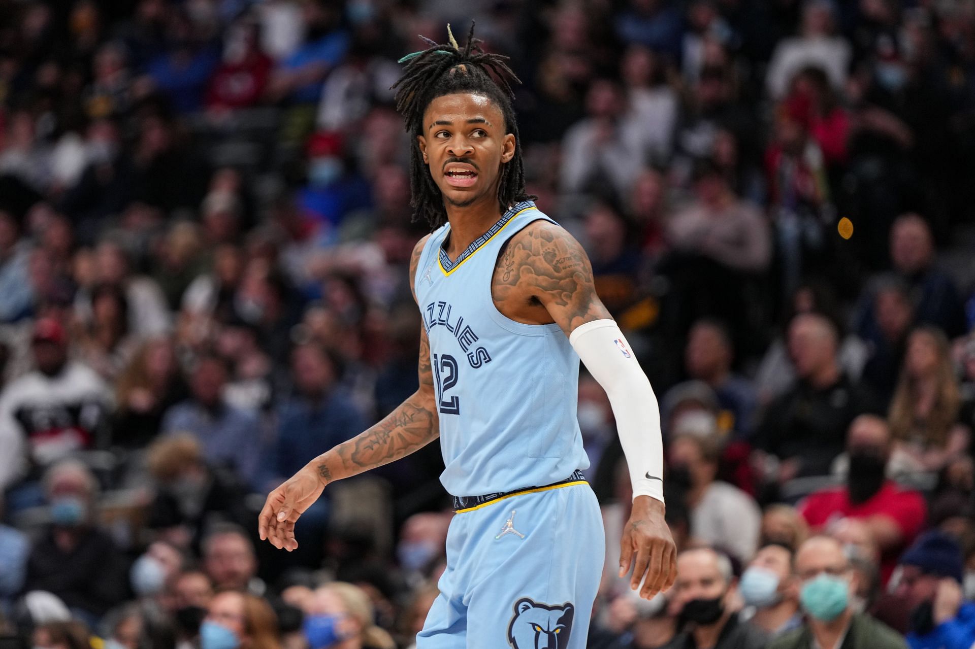 Ja Morant of the Memphis Grizzlies reacts against the Denver Nuggets on Jan. 21 in Denver, Colorado.